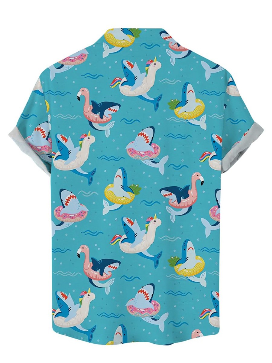 Men LJC Shirts | Shark Flamingo Print Casual Short Sleeve Shirt Blue