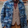 Men DJ Print Jacket | Vintage Ukiyo-E Wave Print Corduroy Pocket Lapel Jacket Blue