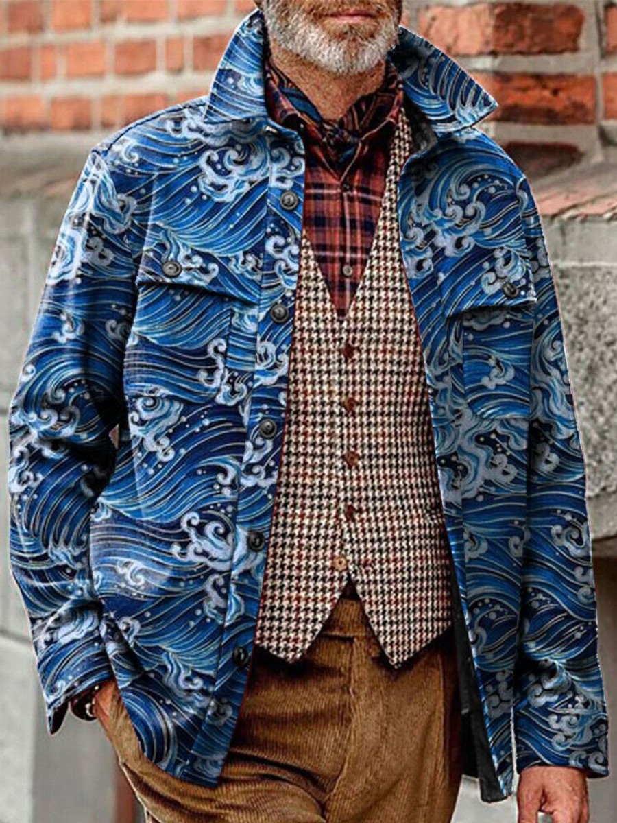 Men DJ Print Jacket | Vintage Ukiyo-E Wave Print Corduroy Pocket Lapel Jacket Blue