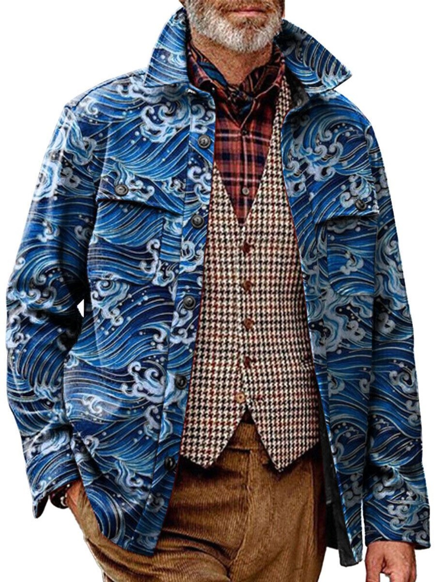 Men DJ Print Jacket | Vintage Ukiyo-E Wave Print Corduroy Pocket Lapel Jacket Blue