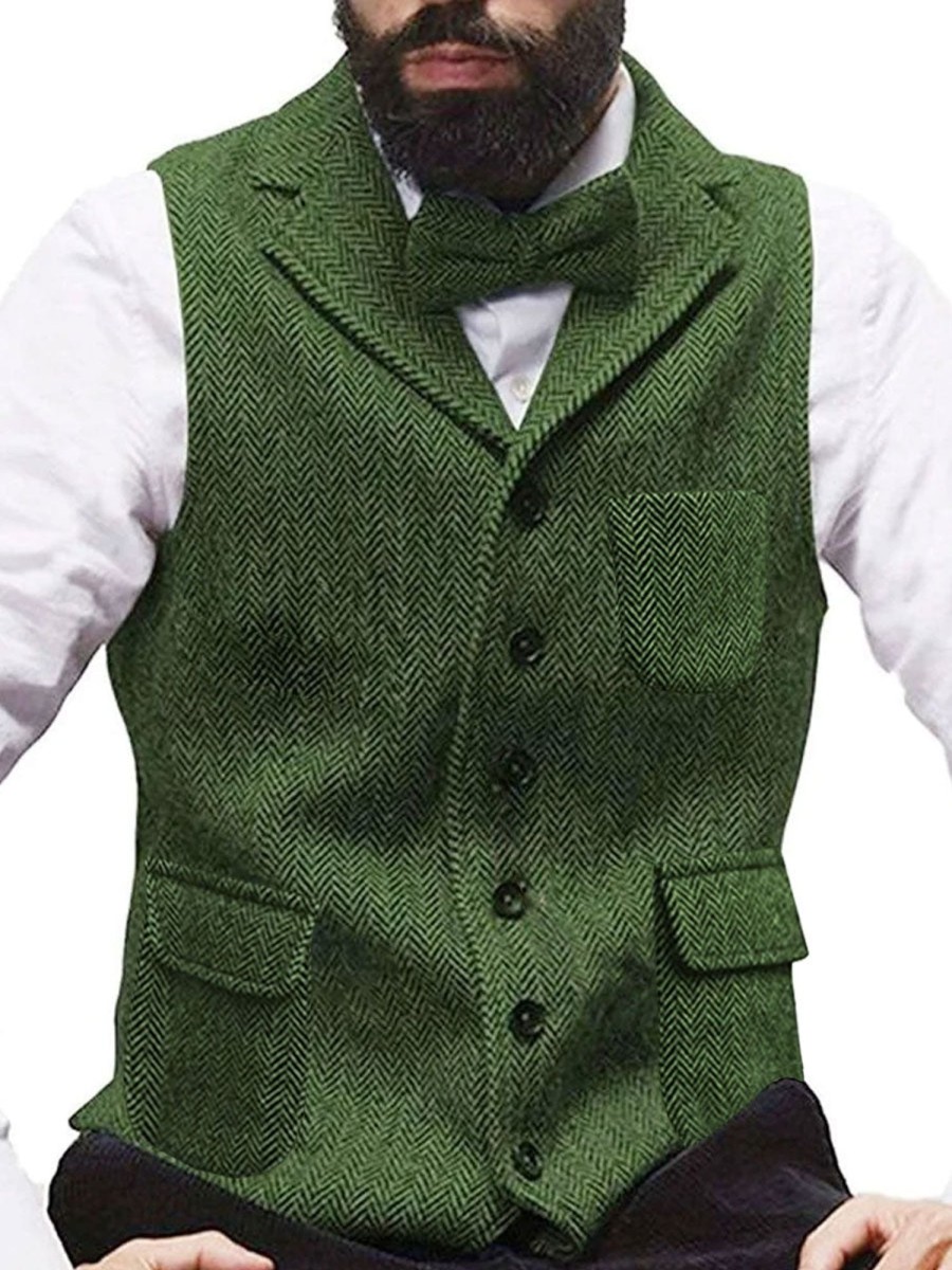 Men BXL Vest | Men'S Tweed Single Breasted Herringbone Pocket Suit Vest Green