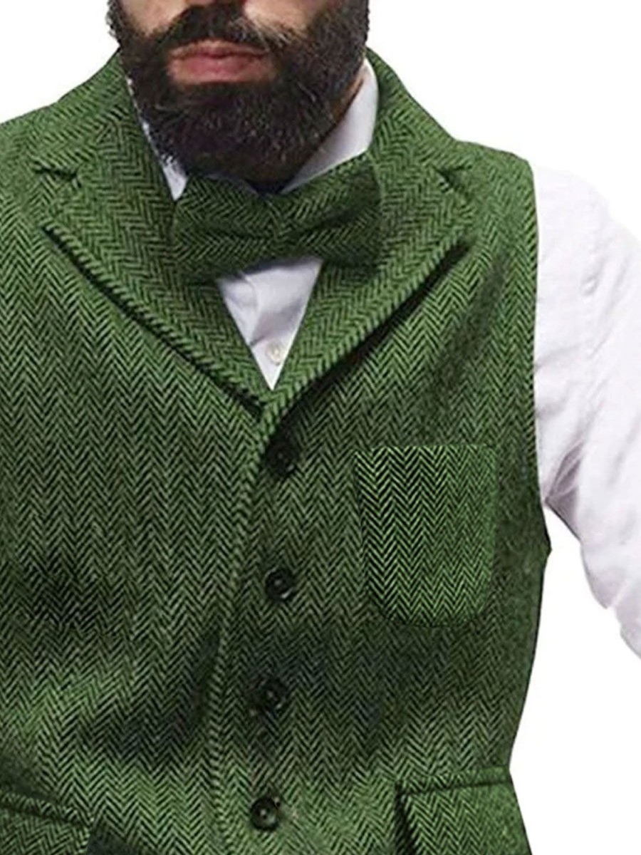 Men BXL Vest | Men'S Tweed Single Breasted Herringbone Pocket Suit Vest Green