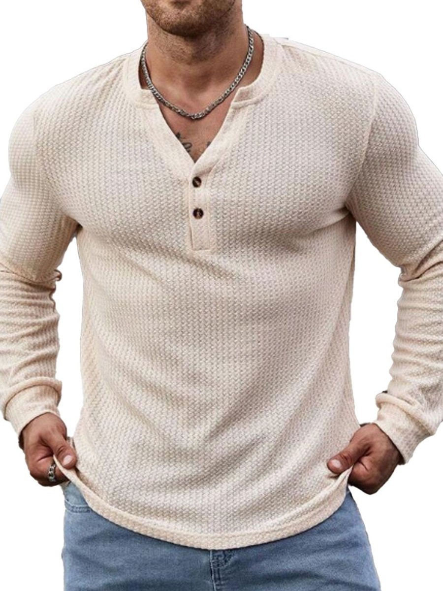 Men DJ Casual Long Sleeve Shirts | Solid Color Waffle Casual Long Sleeve T-Shirt Beige