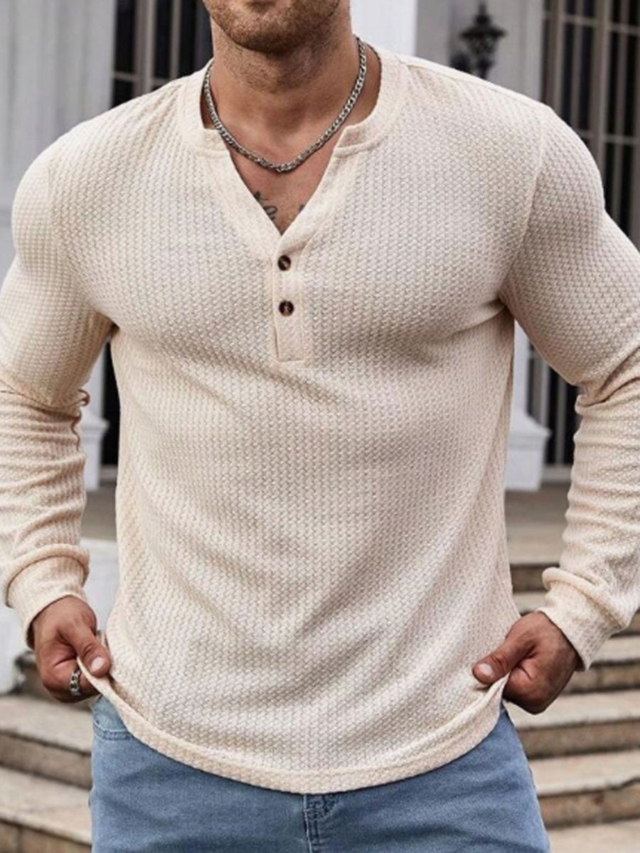 Men DJ Casual Long Sleeve Shirts | Solid Color Waffle Casual Long Sleeve T-Shirt Beige