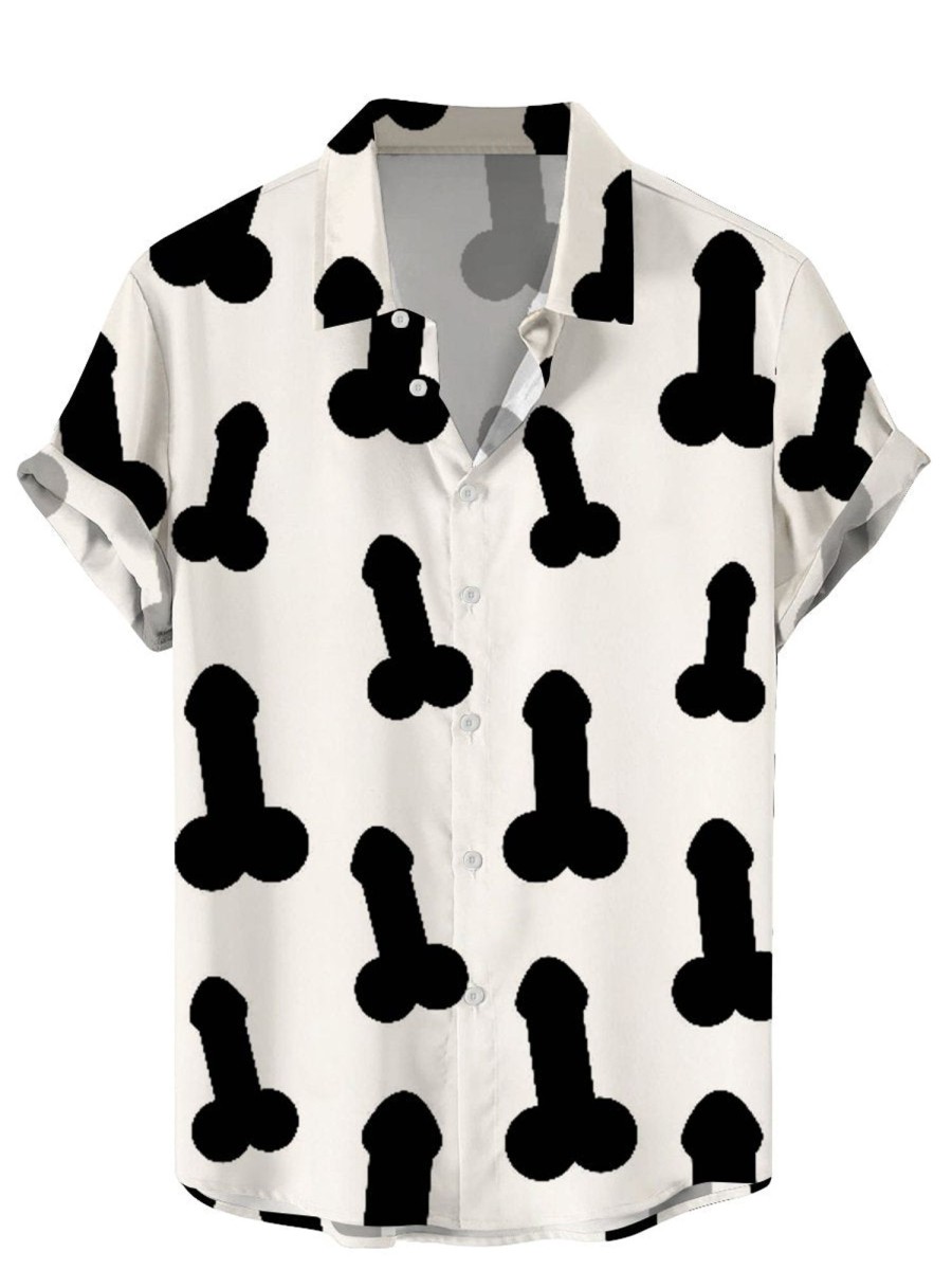 Men DJ Shirts | Black Cock Print Short Sleeve Shirt White