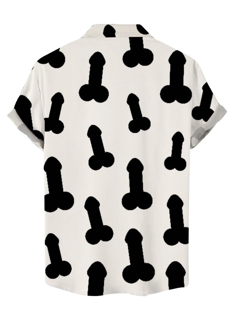 Men DJ Shirts | Black Cock Print Short Sleeve Shirt White