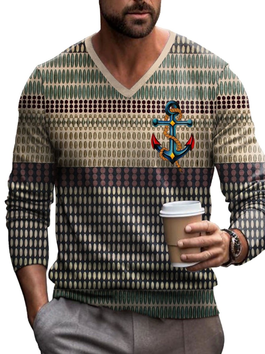 Men DJ Print Sweater | Vintage Color Block And Anchor Print V-Neck Knitted Pullover Sweater Photo Color