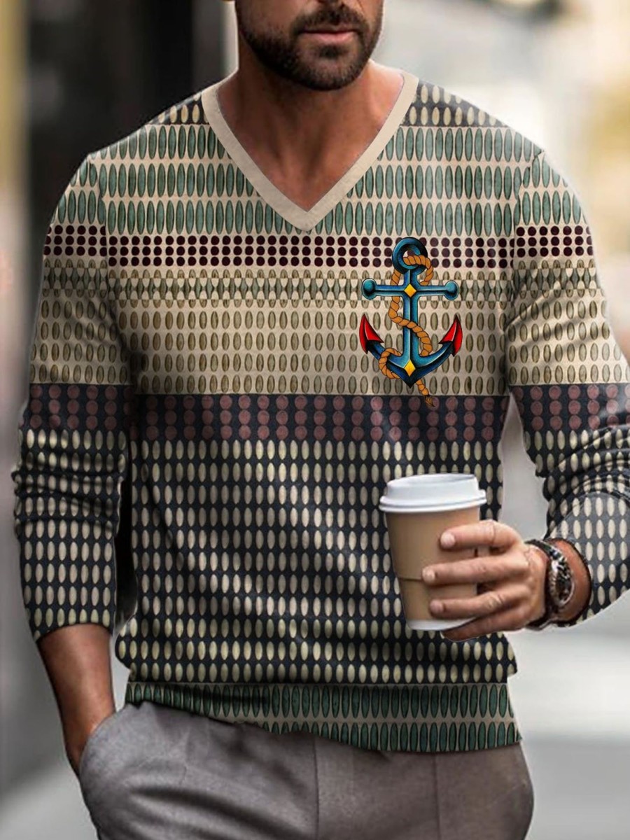 Men DJ Print Sweater | Vintage Color Block And Anchor Print V-Neck Knitted Pullover Sweater Photo Color