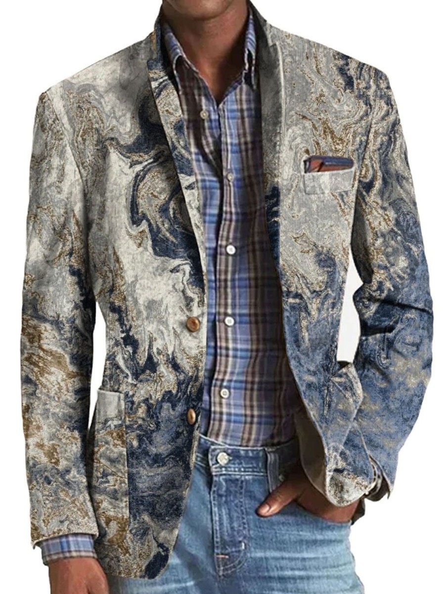 Men BXL Print Jacket | Men'S Modern Abstract Trimmed Art Print Casual Blazer Photo Color