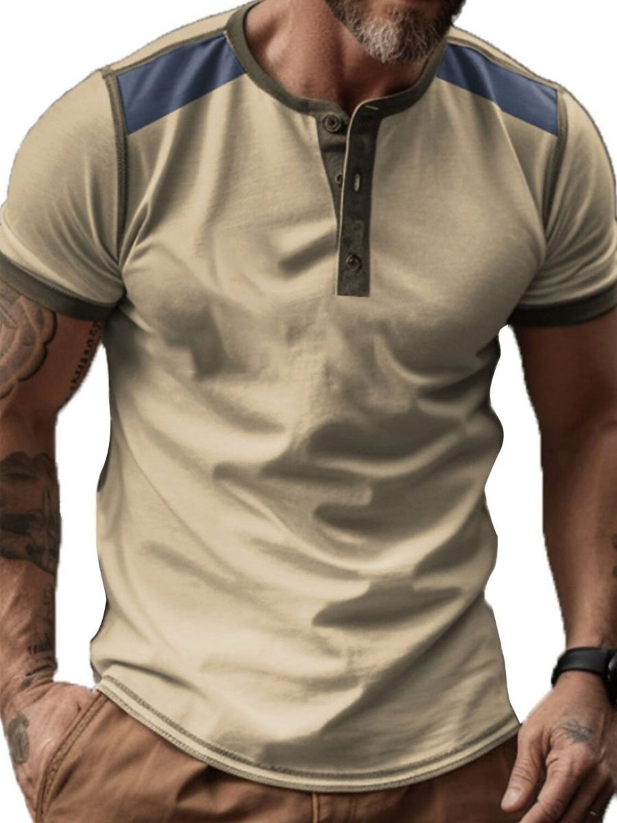 Men BXL Casual Shirts | Men'S Half Open Collar Shoulder Panel Short Sleeve T-Shirt Khaki