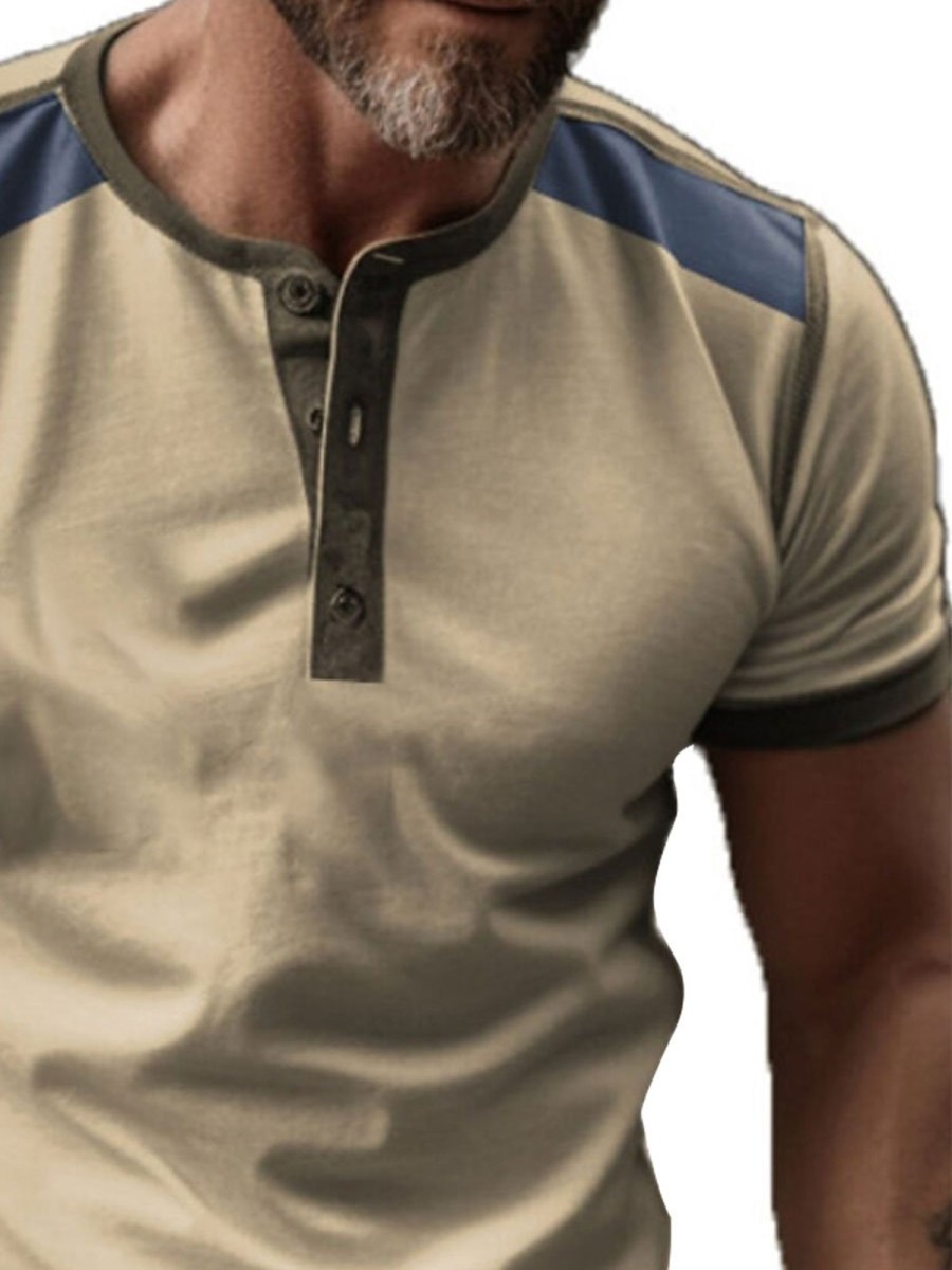 Men BXL Casual Shirts | Men'S Half Open Collar Shoulder Panel Short Sleeve T-Shirt Khaki