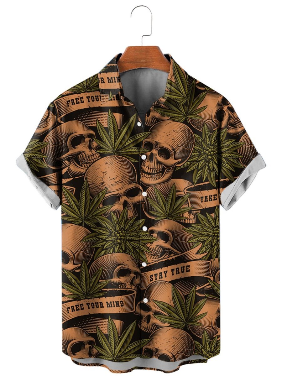 Men HLJ Shirts | Men'S Skull Leaf Print Casual Short Sleeve Shirt Brownish Yellow