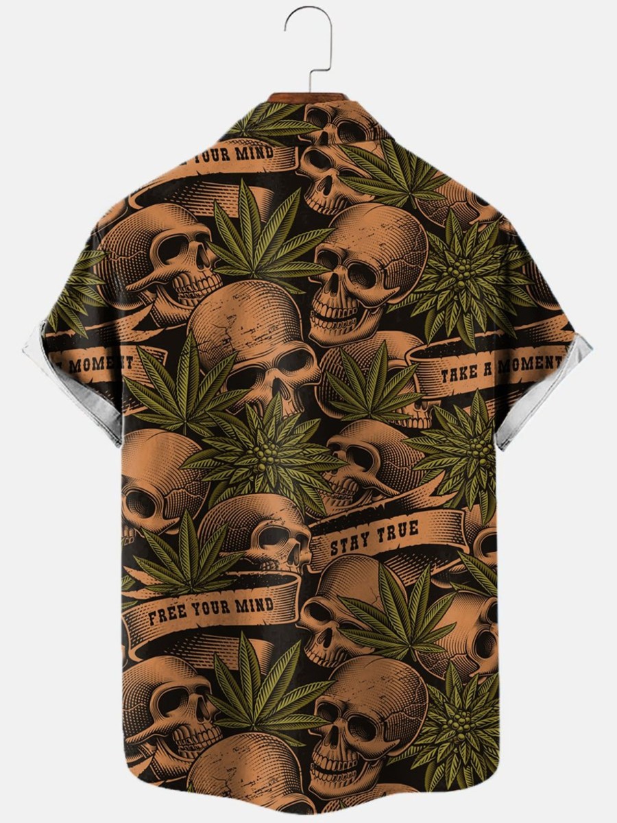 Men HLJ Shirts | Men'S Skull Leaf Print Casual Short Sleeve Shirt Brownish Yellow