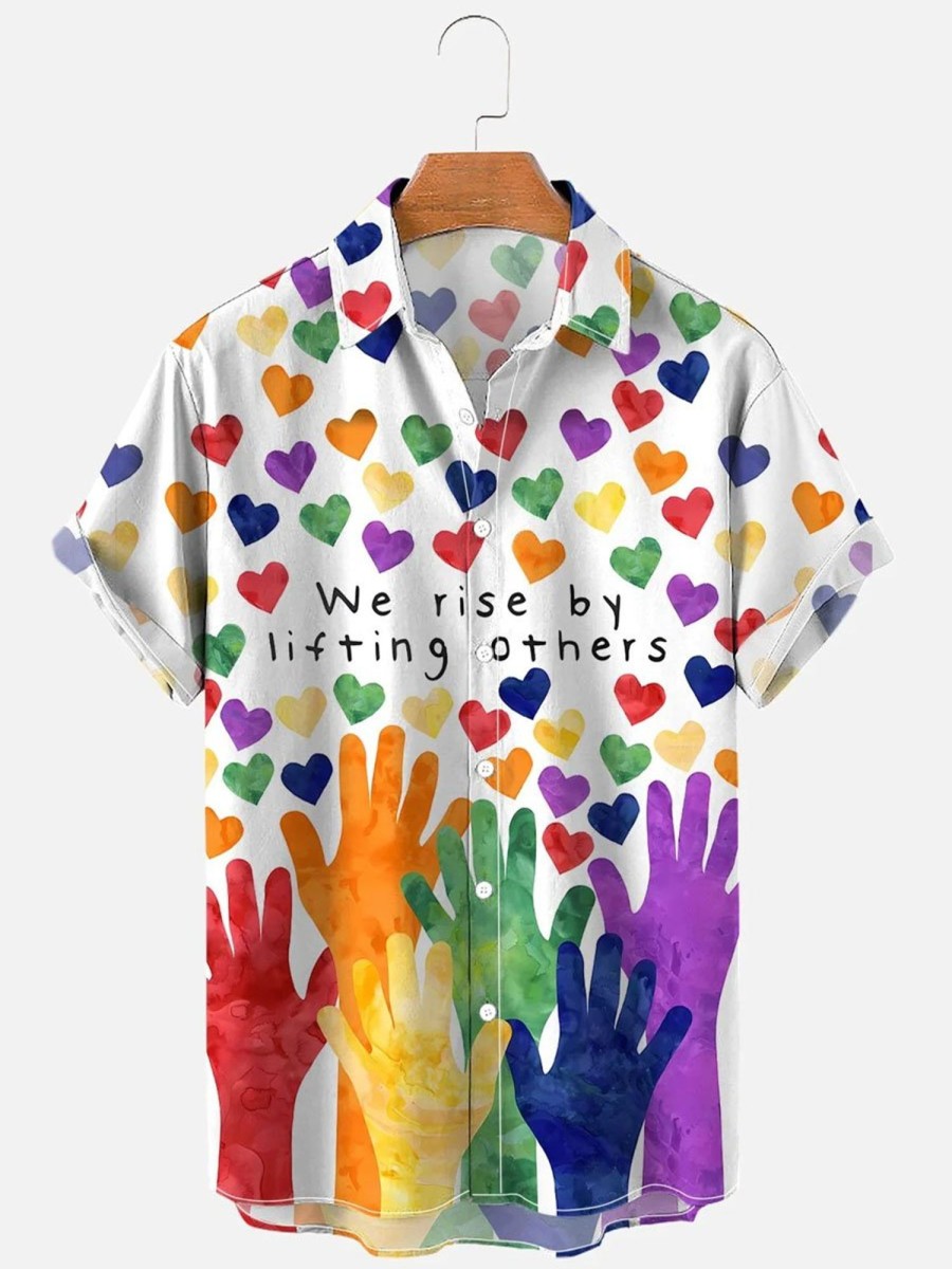 Men DJ Shirts | Men'S We Rise By Lifting Others Heart Rainbow Shirt White