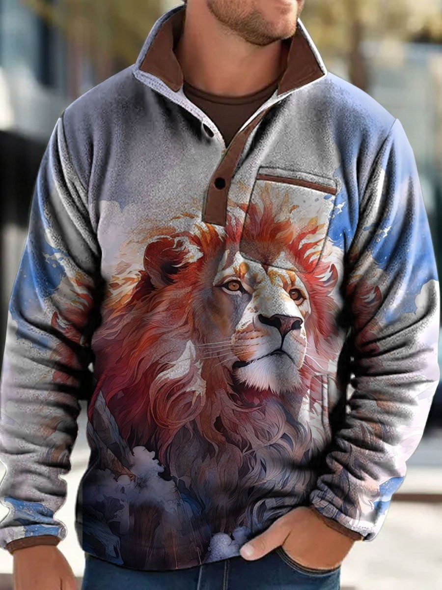 Men BXL T-Shirts | Men'S Outdoor Rescue Animal Lion Painted Fleece Pocket Polo Sweatshirt Blue