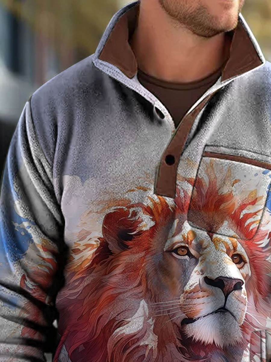 Men BXL T-Shirts | Men'S Outdoor Rescue Animal Lion Painted Fleece Pocket Polo Sweatshirt Blue