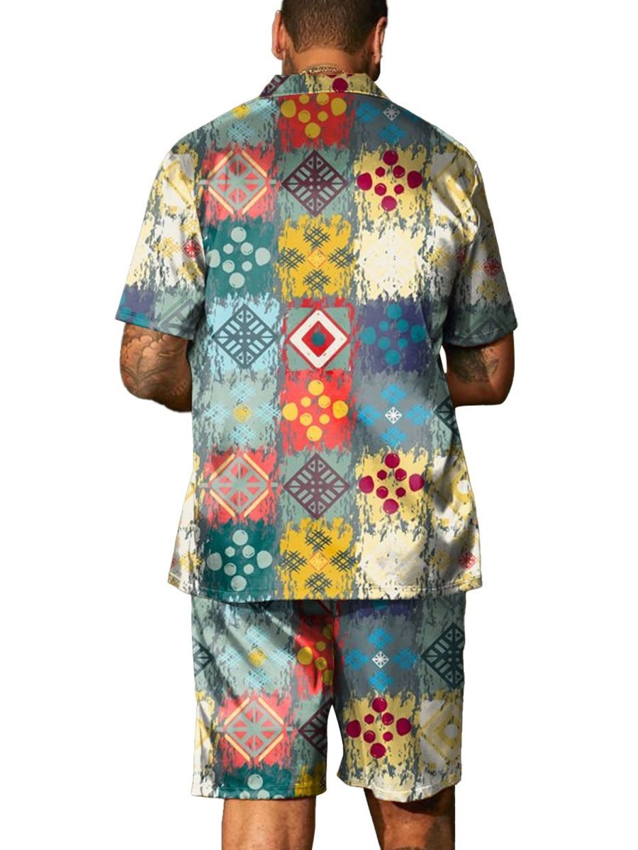 Men DJ Set | Retro Geometric Color Block Print Short-Sleeved Shirt And Shorts Two-Piece Set Photo Color