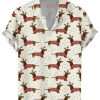 Men DJ Shirts | Cute Christmas Dachshund Print Casual Short Sleeve Shirt Beige