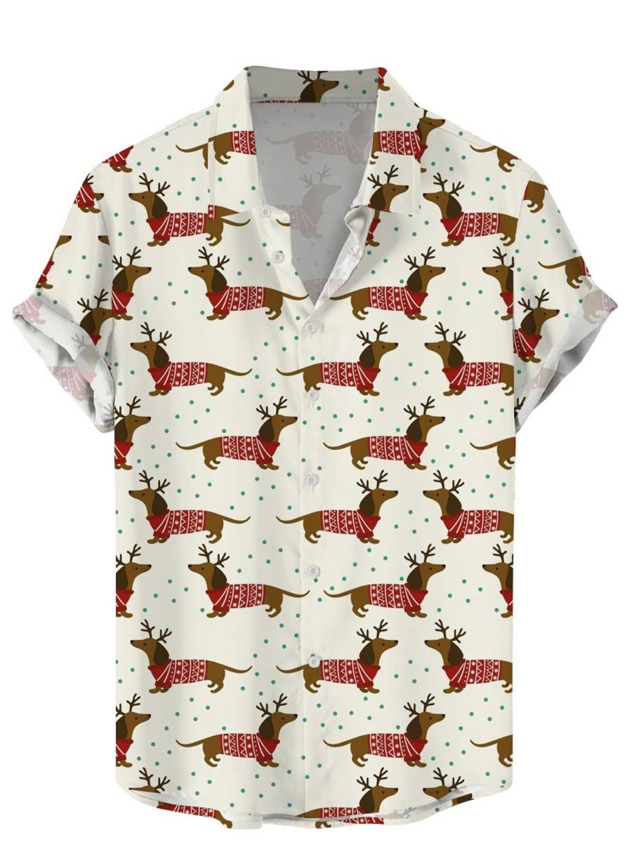 Men DJ Shirts | Cute Christmas Dachshund Print Casual Short Sleeve Shirt Beige