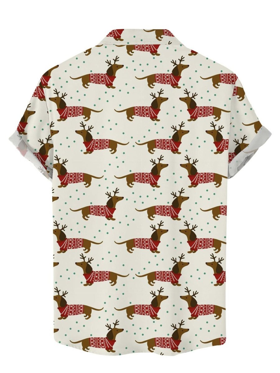 Men DJ Shirts | Cute Christmas Dachshund Print Casual Short Sleeve Shirt Beige