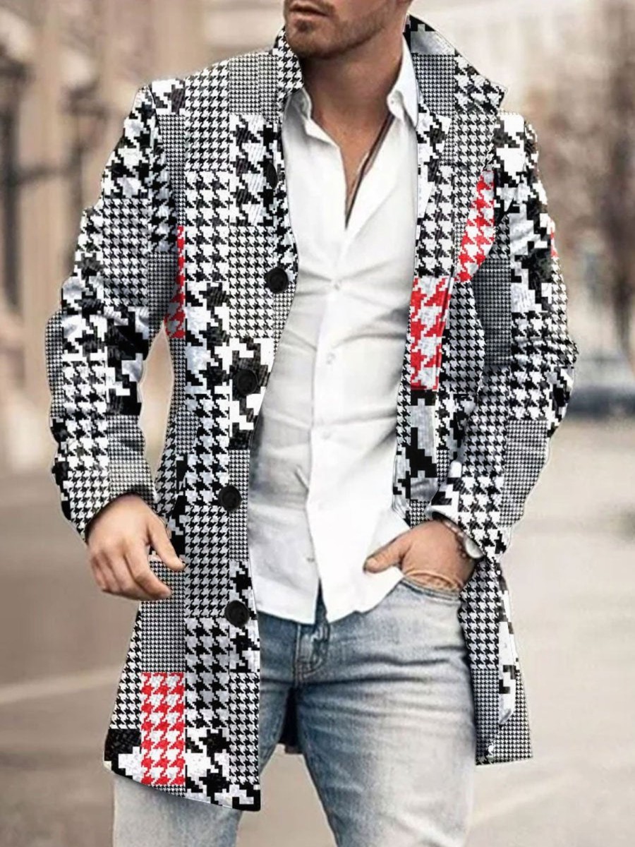 Men BXL Print Jacket | Men'S Casual Button Pocket Vintage Houndstooth Wool Coat Black