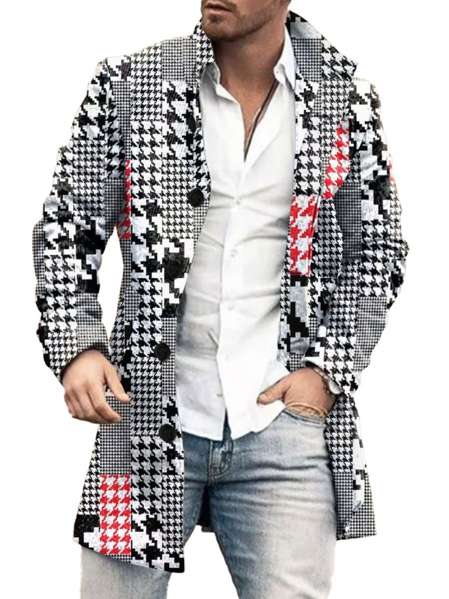 Men BXL Print Jacket | Men'S Casual Button Pocket Vintage Houndstooth Wool Coat Black