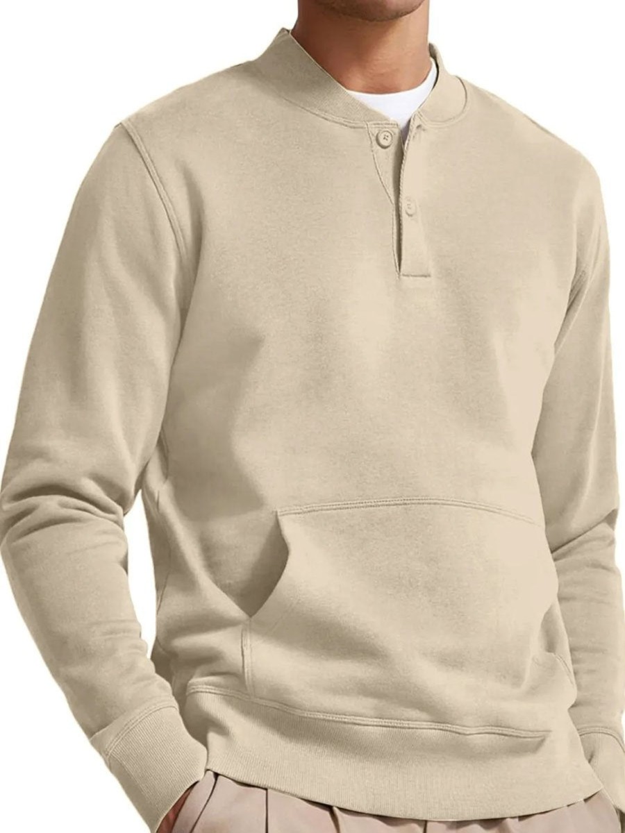 Men TH Casual Hoodie | Men'S Henley Casual Long Sleeve Warm Stylish Button Pocket Pullover Sweatshirt Apricot