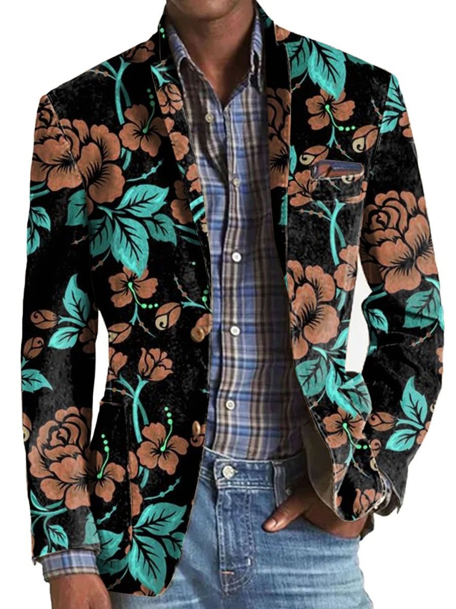 Men DJ Print Jacket | Vintage Floral Print 3-Pocket Lapel Casual Blazer Photo Color