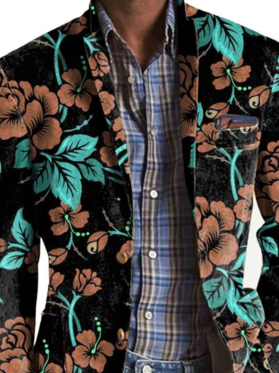 Men DJ Print Jacket | Vintage Floral Print 3-Pocket Lapel Casual Blazer Photo Color