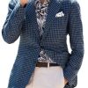 Men DJ Jacket | Lapel 3-Pocket Single-Breasted Vintage Houndstooth Woolen Blazer Blue