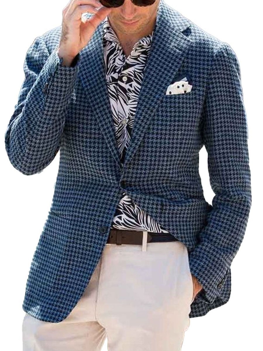 Men DJ Jacket | Lapel 3-Pocket Single-Breasted Vintage Houndstooth Woolen Blazer Blue