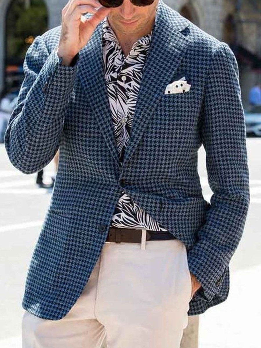 Men DJ Jacket | Lapel 3-Pocket Single-Breasted Vintage Houndstooth Woolen Blazer Blue