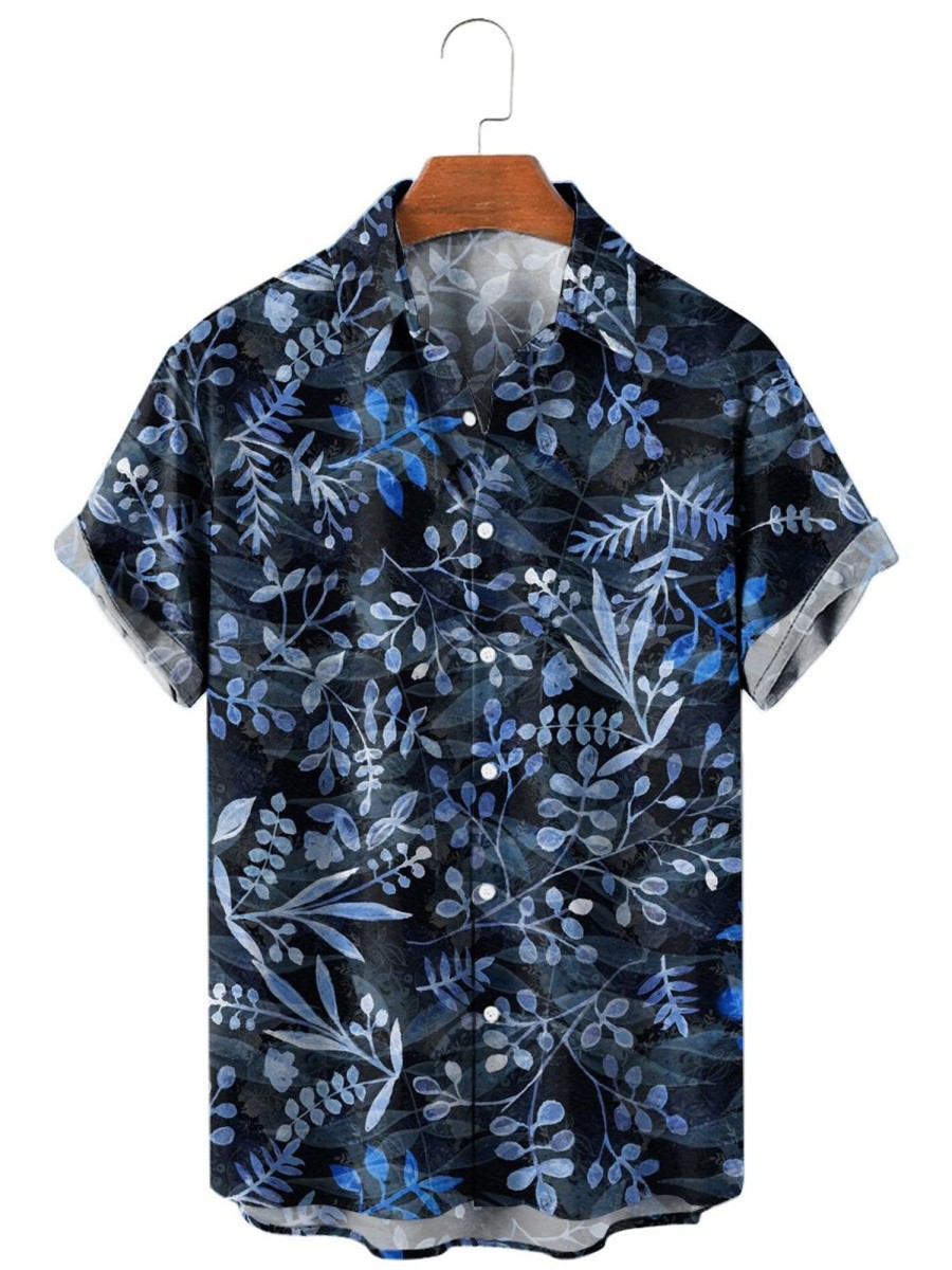 Men HLJ Shirts | Men'S Hawaiian Herb Print Short Sleeve Shirt Dark Blue