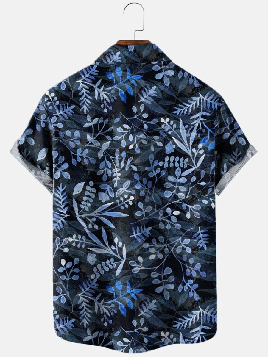 Men HLJ Shirts | Men'S Hawaiian Herb Print Short Sleeve Shirt Dark Blue