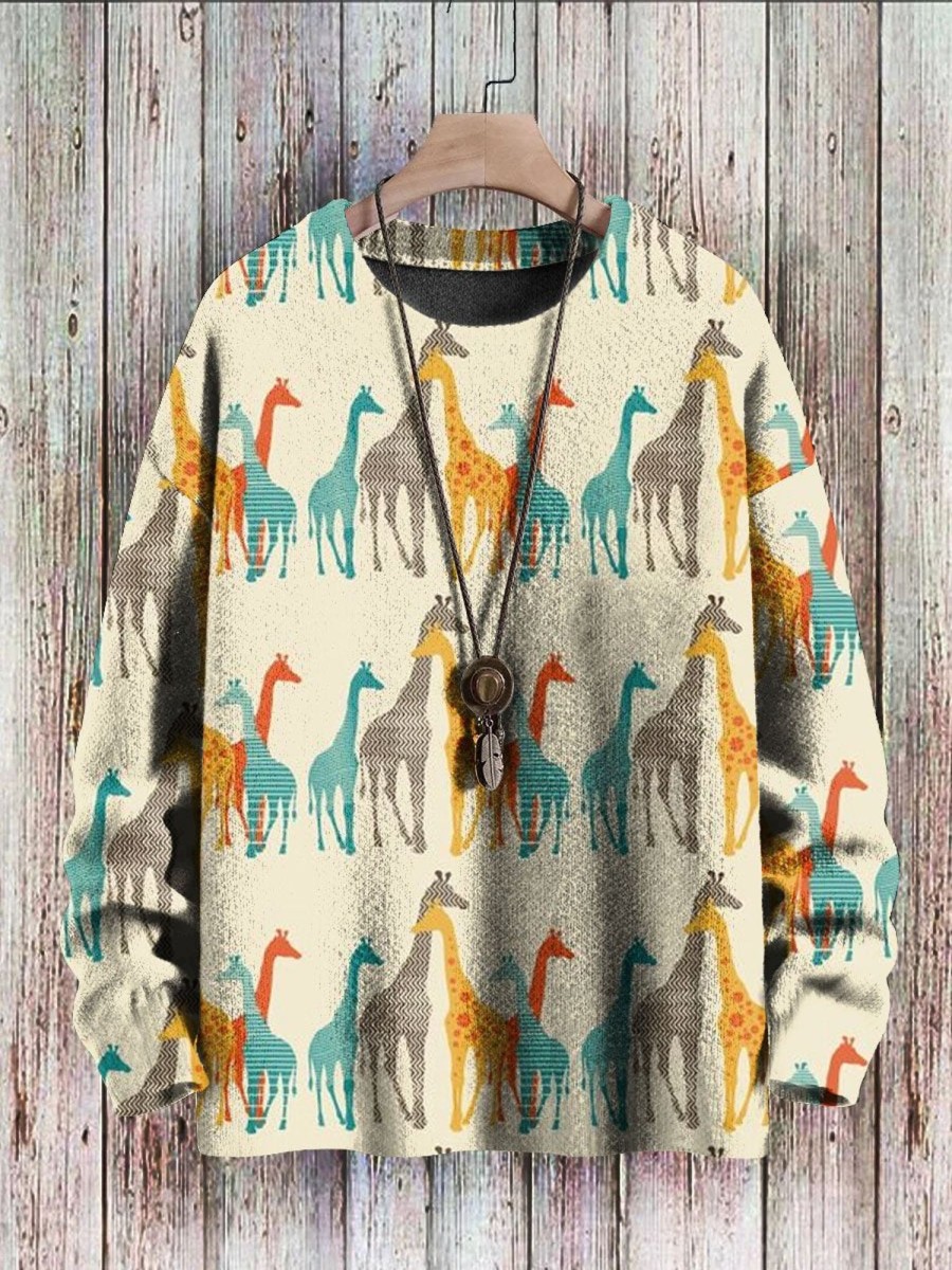 Men DJ Print Sweater | Giraffe Family Print Casual Crew Neck Knitted Pullover Sweater Photo Color