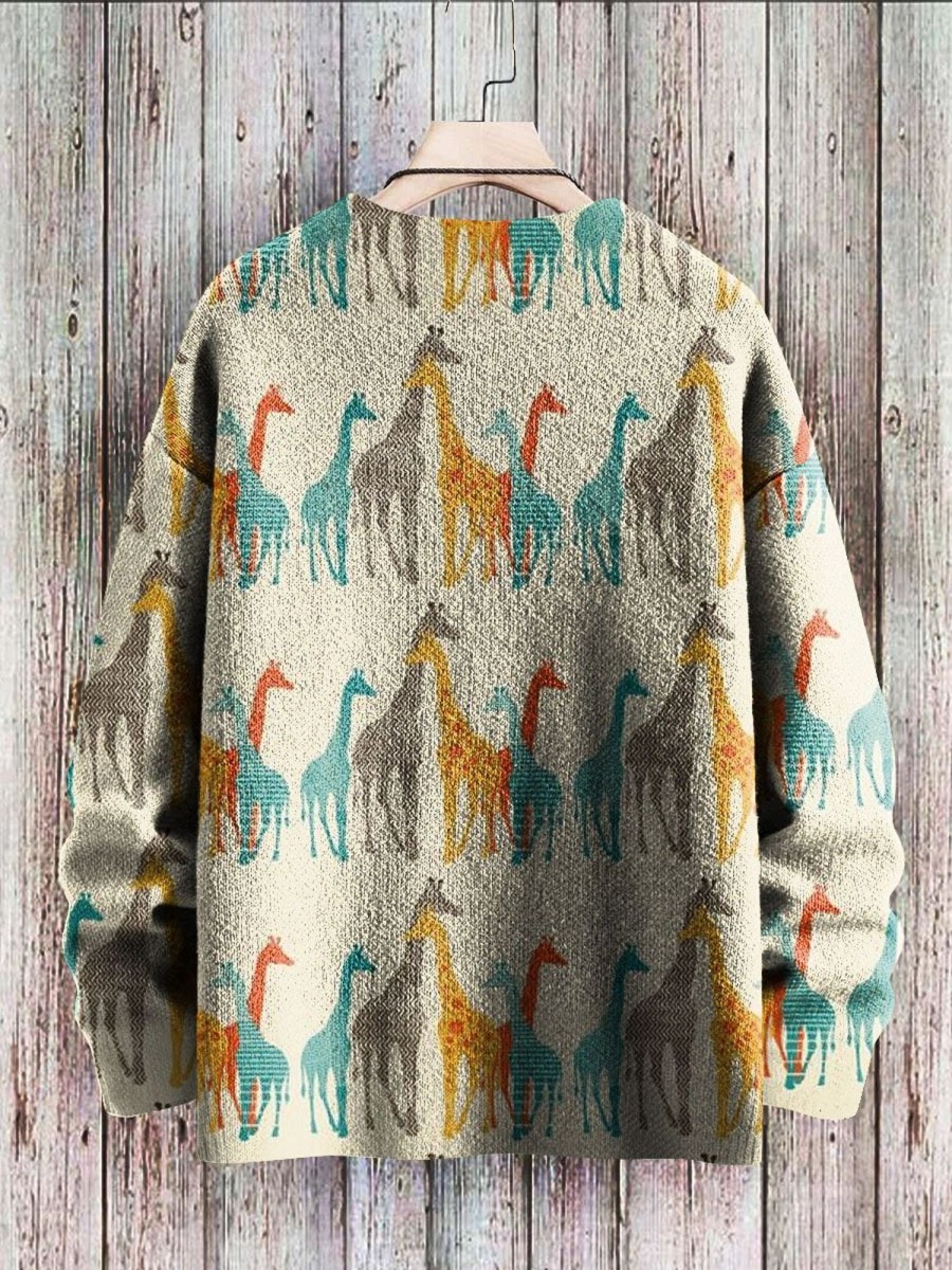 Men DJ Print Sweater | Giraffe Family Print Casual Crew Neck Knitted Pullover Sweater Photo Color