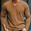 Men DJ Print Sweater | V-Neck Knitted Striped Print Casual Pullover Knitted Sweater Brown