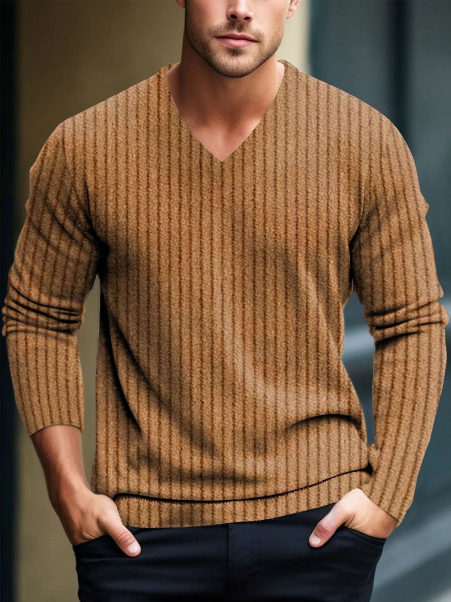 Men DJ Print Sweater | V-Neck Knitted Striped Print Casual Pullover Knitted Sweater Brown