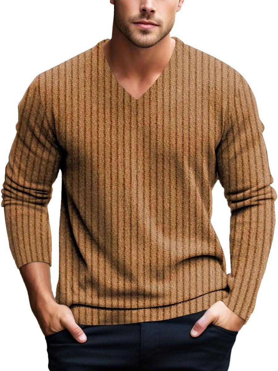 Men DJ Print Sweater | V-Neck Knitted Striped Print Casual Pullover Knitted Sweater Brown