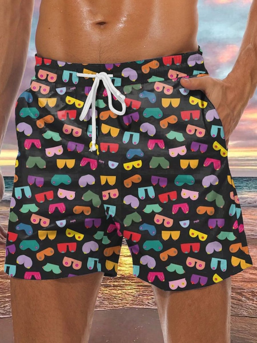 Men DJ Bottoms | Colorful Boobs Print Pocket Track Shorts Photo Color