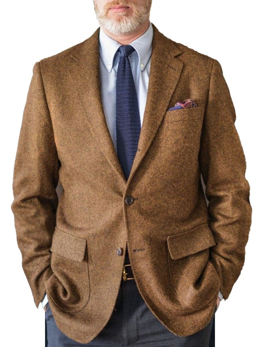 Men DJ Jacket | Herringbone 3-Pocket Lapel Single-Breasted Casual Blazer Brown