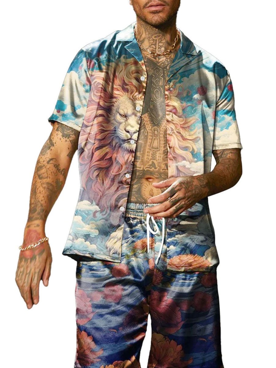 Men BXL Set | Men'S Rescue Animal Art Painted Lion Print Casual Short Sleeve Suit Photo Color