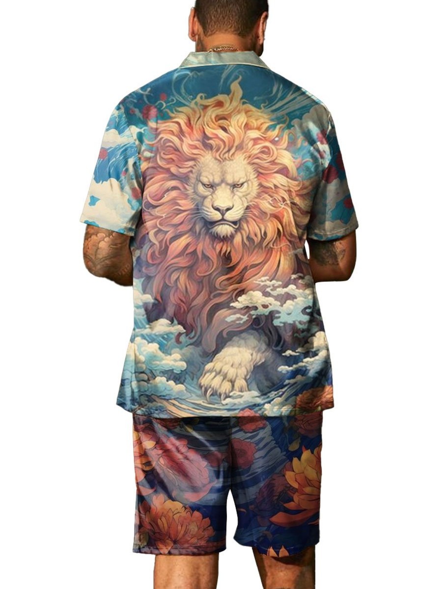 Men BXL Set | Men'S Rescue Animal Art Painted Lion Print Casual Short Sleeve Suit Photo Color