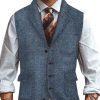 Men DJ Vest | Retro Versatile Herringbone Print Lapel Three-Pocket Casual Vest Navy Blue