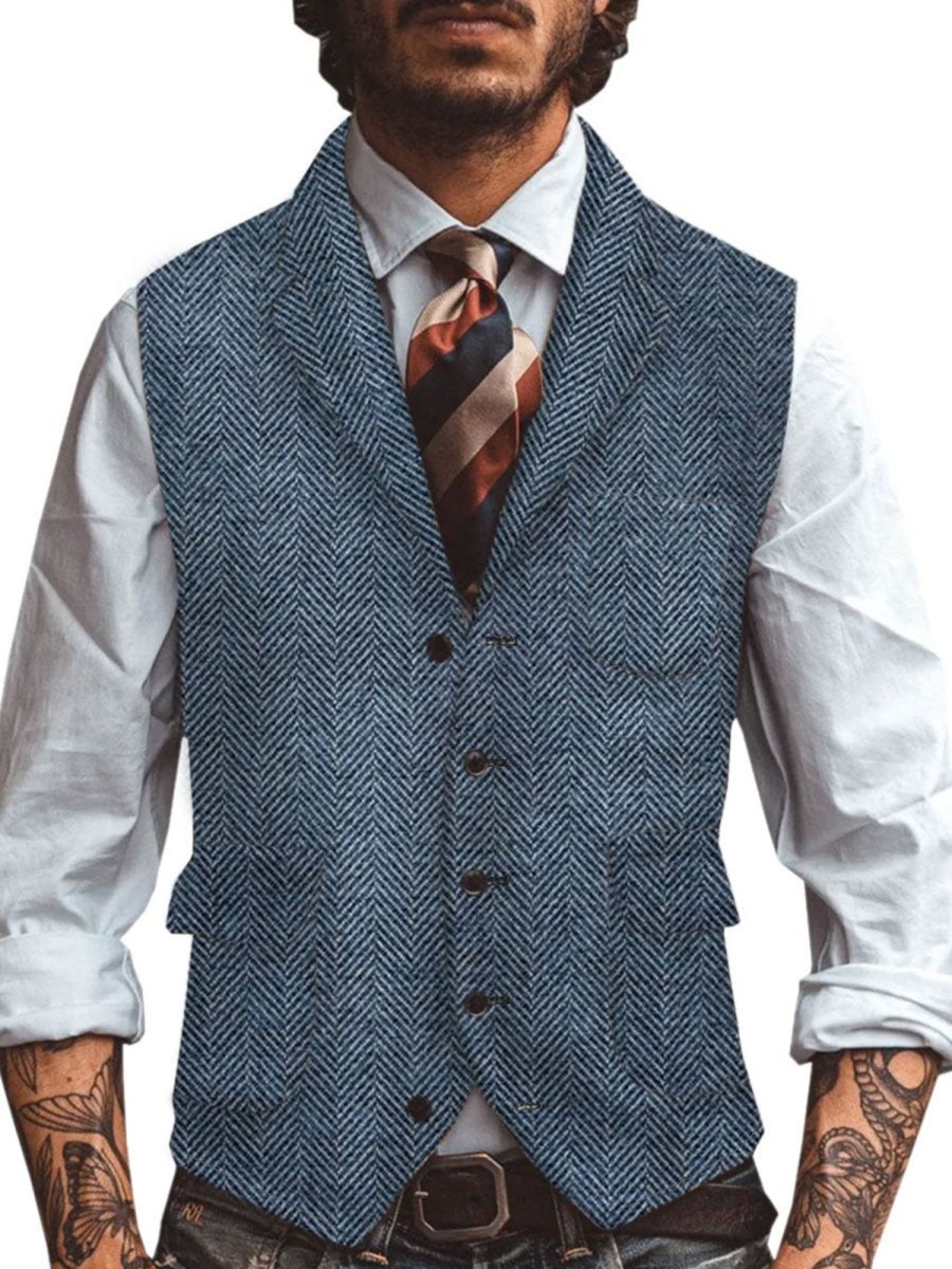 Men DJ Vest | Retro Versatile Herringbone Print Lapel Three-Pocket Casual Vest Navy Blue