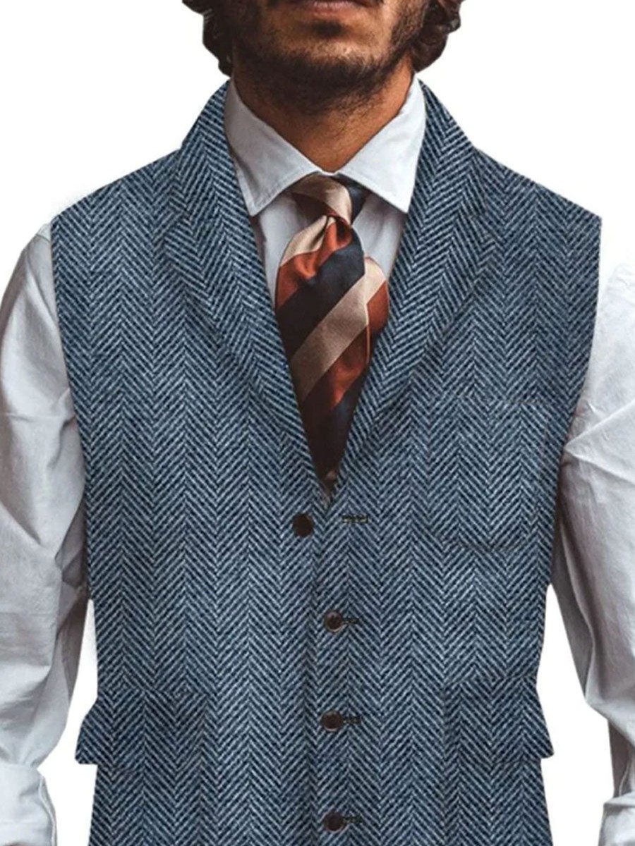 Men DJ Vest | Retro Versatile Herringbone Print Lapel Three-Pocket Casual Vest Navy Blue