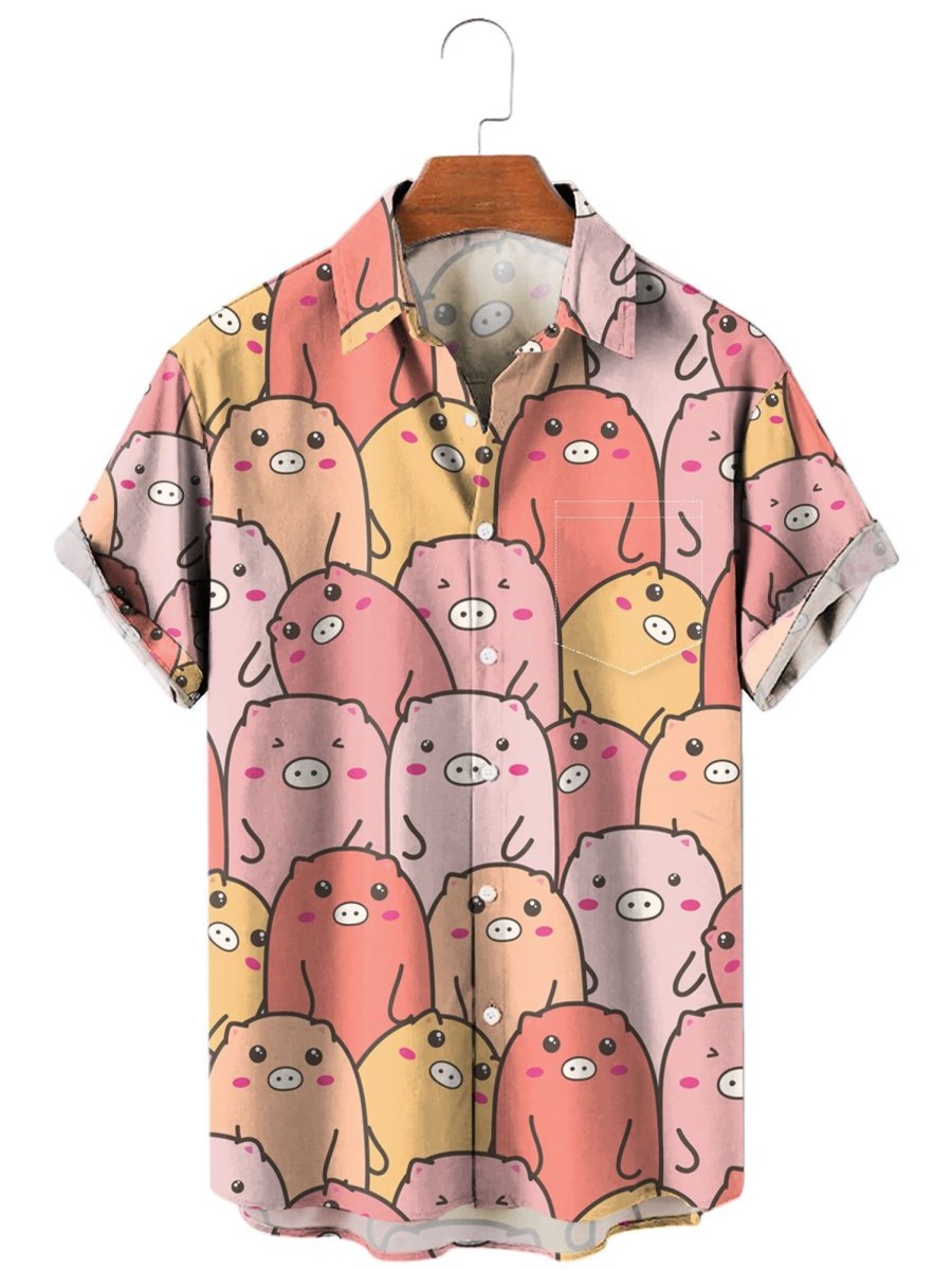 Men HWT Shirts | Men'S Hawaiian Shirts Cute Piggy Print Chest Pocket Short Sleeve Shirt Pink