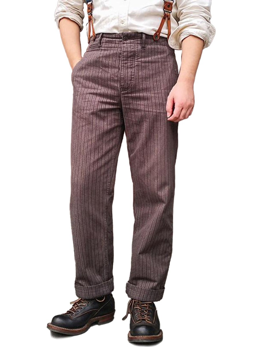 Men QMY Bottoms | Men'S Vintage French Striped Casual Pants Dark Brown