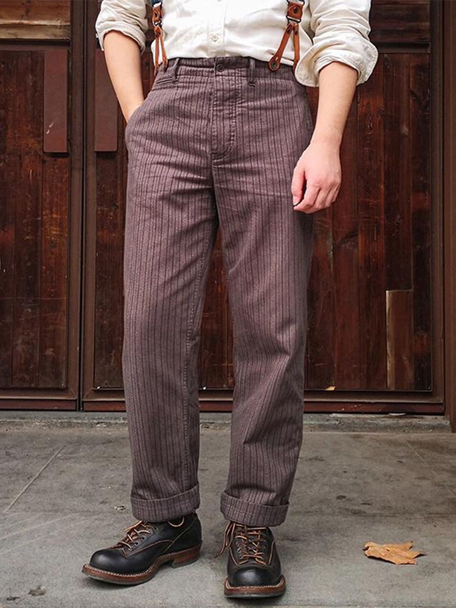 Men QMY Bottoms | Men'S Vintage French Striped Casual Pants Dark Brown