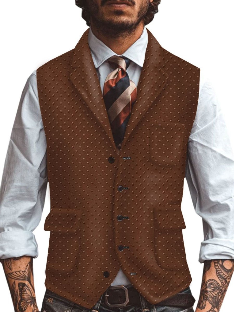 Men TH Vest | Men'S Retro Solid Polka Dots Print Casual Vest Brown